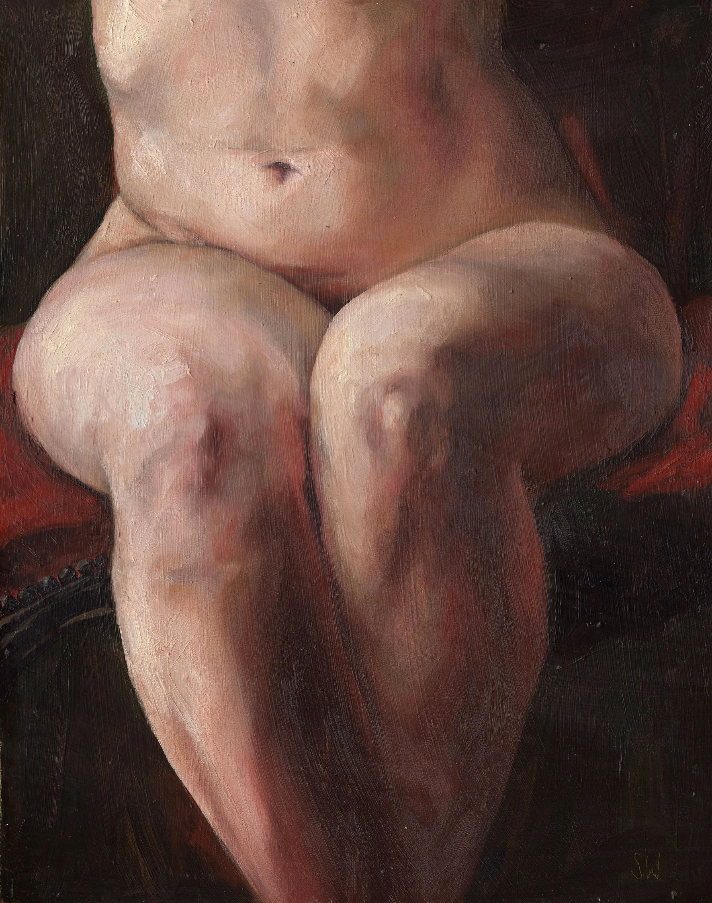 A painting of a nude woman sitting on a vintage red velvet chair, head not visible, with visible skin details and brushstrokes.