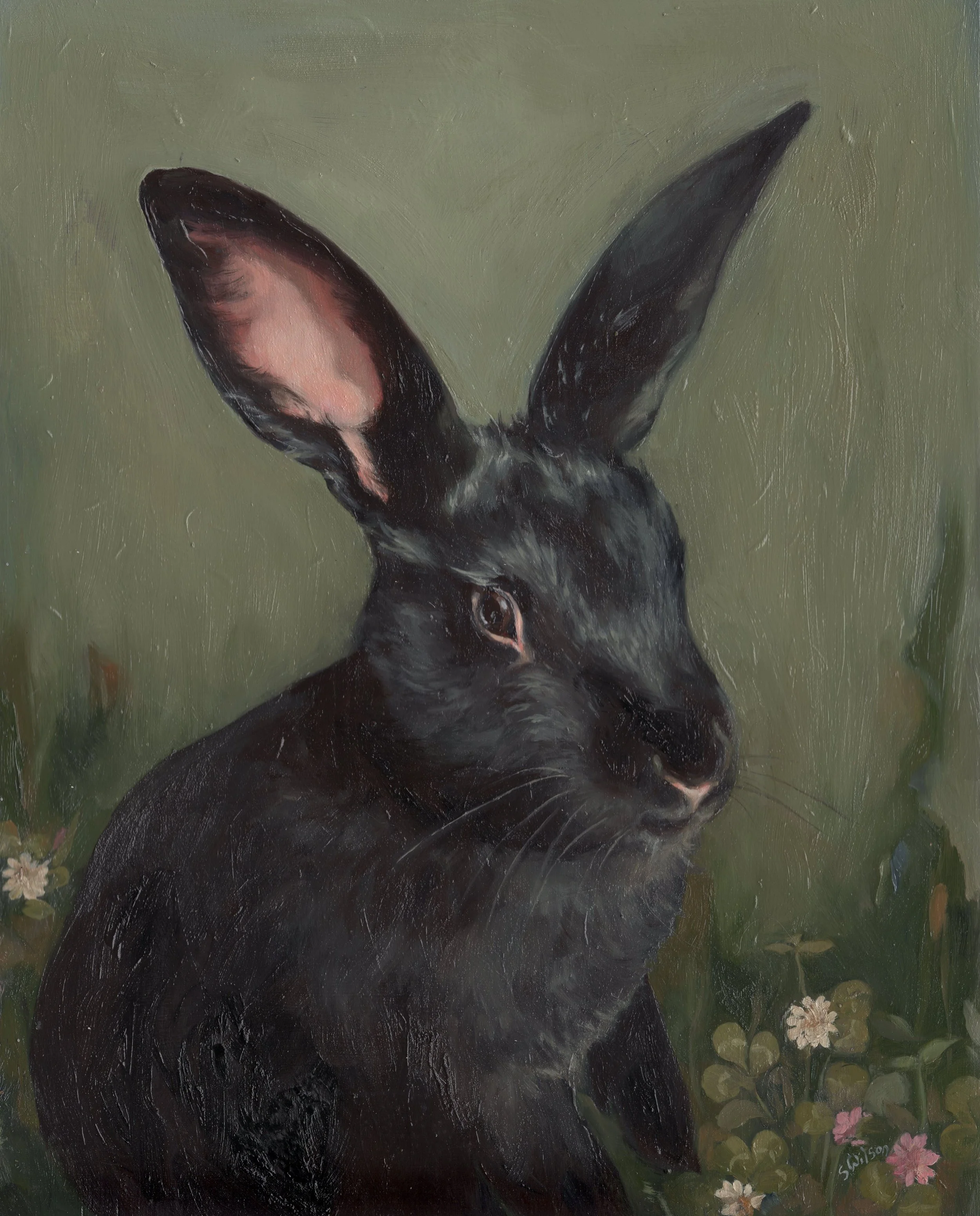 A detailed painting of a black rabbit with pink inner ears, sitting in a field of small flowers and green foliage, with a muted green background.