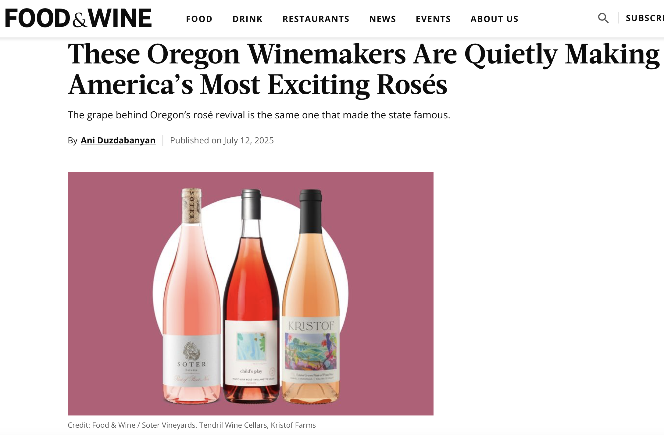 Kristof Rosé in Food&Wine Magazine