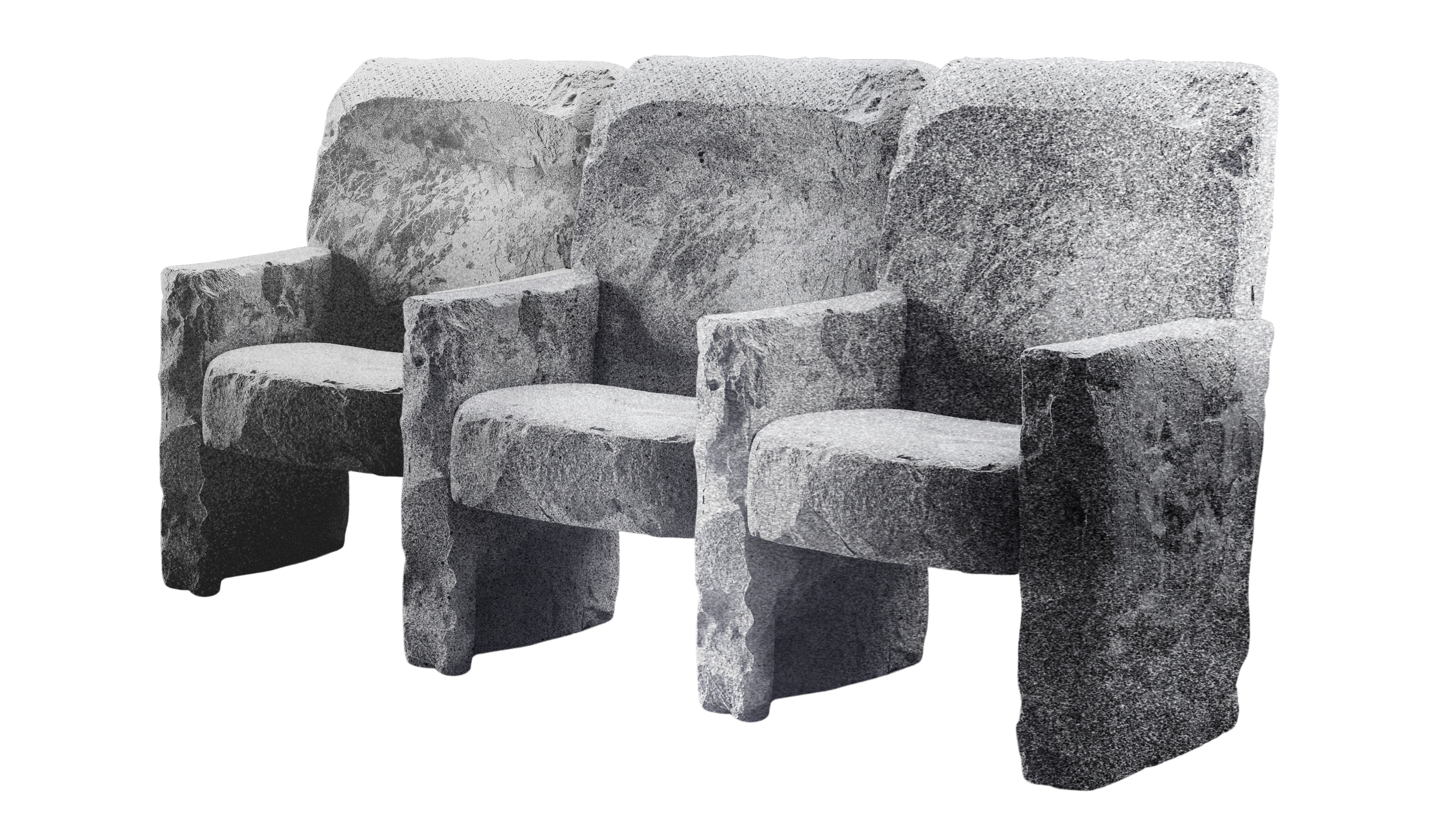 Three stone cinema seats made from large, rough-hewn rocks, with high backs and armrests, arranged side by side on a plain background.