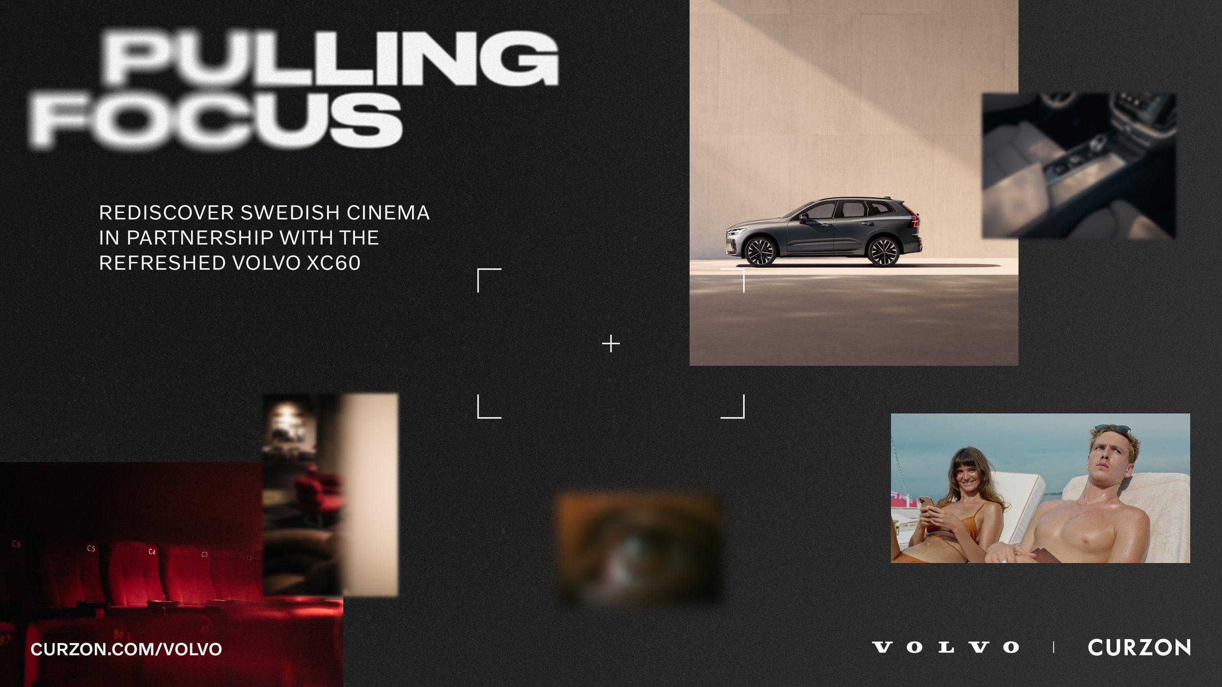 Collage of images including a black SUV, a car theater with red seats, people relaxing by the beach, and overlapping texts about Swedish cinema and Volvo XC60, with the logos for Volvo and Curzon at the bottom.