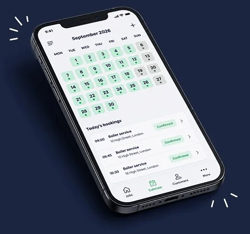 Smartphone displaying a September 2020 calendar with bookings for boiler services and a dark background.