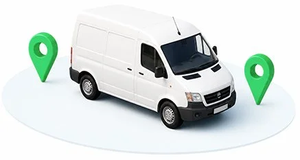 White work van with green location pins on either side.