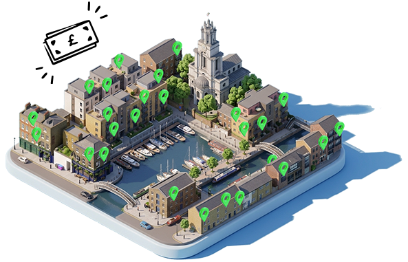 3D illustration of a waterfront city block with buildings, a central church, a marina with boats, and streets with green multiple location markers.