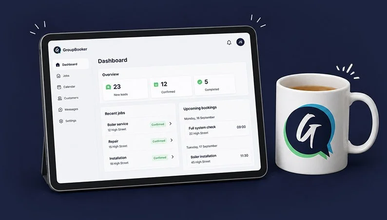 Tablet displaying a dashboard with notifications of new leads, confirmed, and completed jobs, along with upcoming bookings, placed next to a coffee mug with a logo, on a dark blue surface.