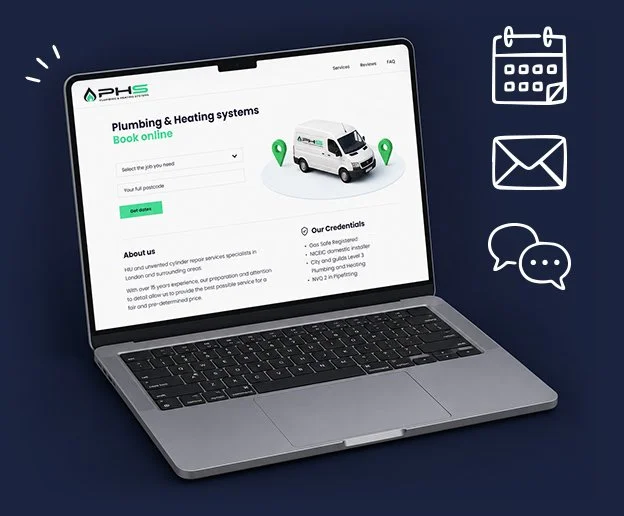Laptop screen displaying an online booking system for plumbing and heating services with a van illustration and service details, surrounded by icons of a calendar, envelope, and speech bubbles.