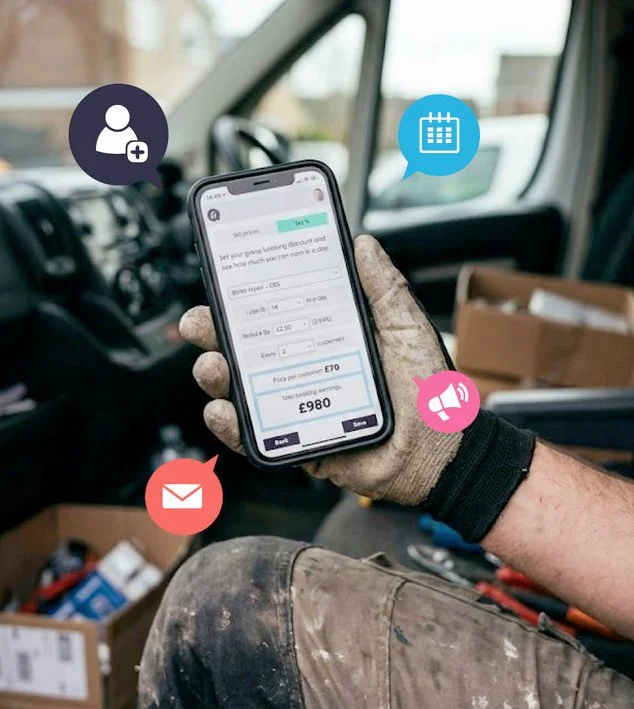 A  plumber wearing work gloves sitting in a vehicle, holding a smartphone displaying groupbooker app. Icons for a contact, calendar, email, and a megaphone are floating around the phone, indicating communication and booking.