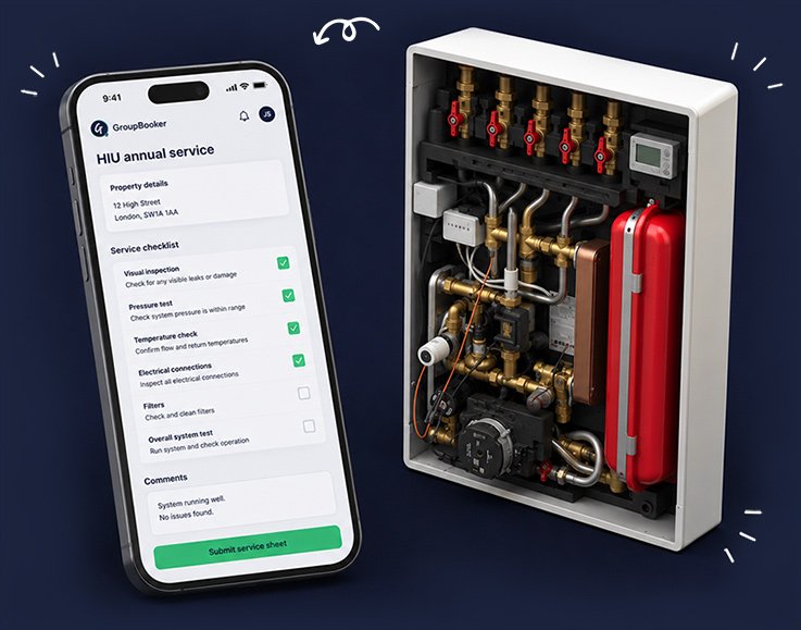 Mobile phone displaying an boiler service checklist next to an open boiler with pipes and gauges.