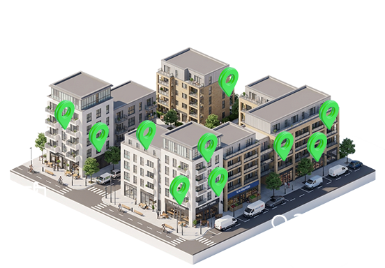 Three modern mid-rise apartment buildings on a city street corner with parking, trees, and green location markers indicating multiple points of interest.