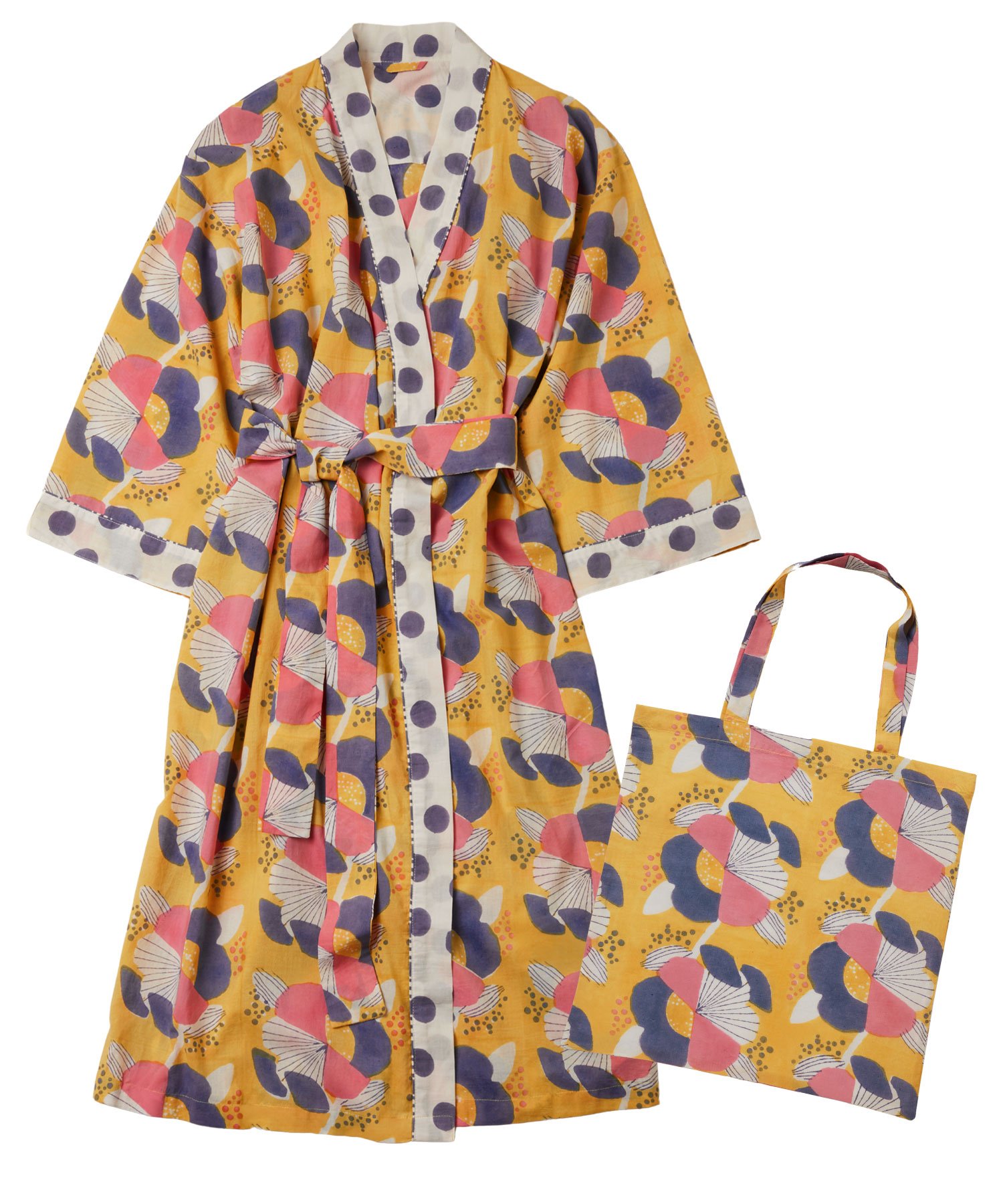 Block Print Ume Kimono shown with matching tote (set) ainoah Maize.jpg