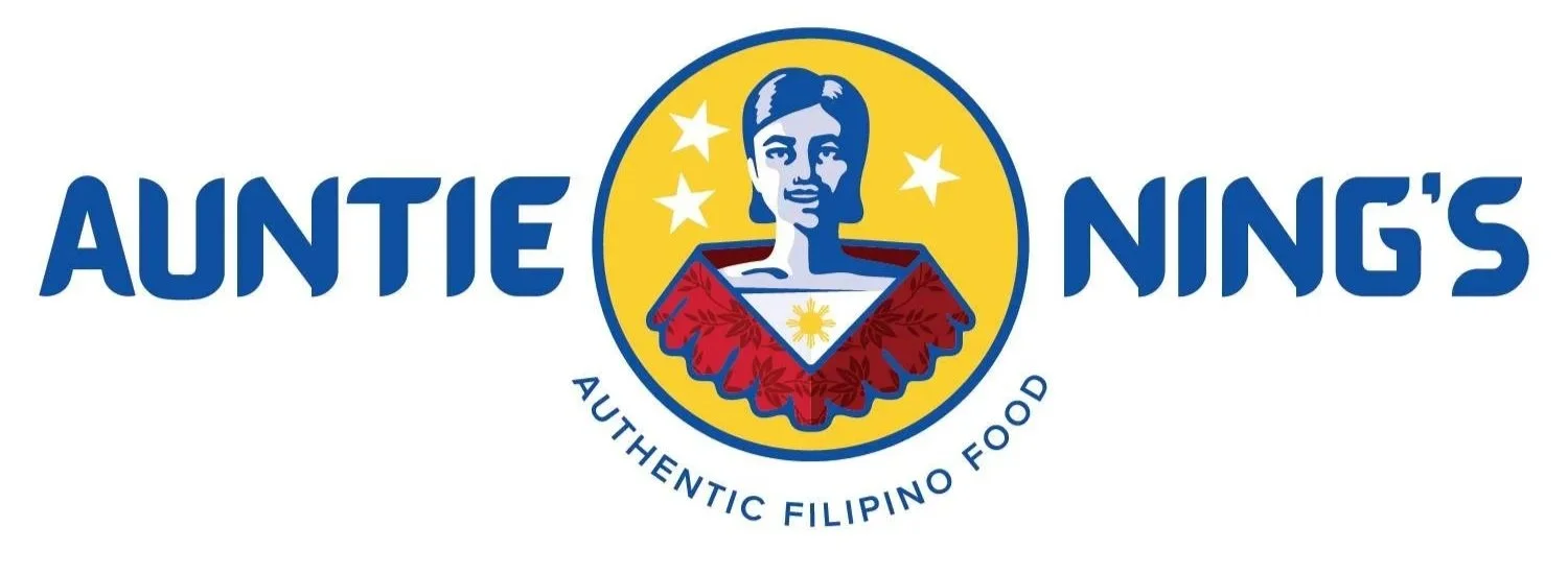 Logo for Auntie Nings, featuring a Filipino woman with a yellow background, stars, and the slogan "Authentic Filipino Food"