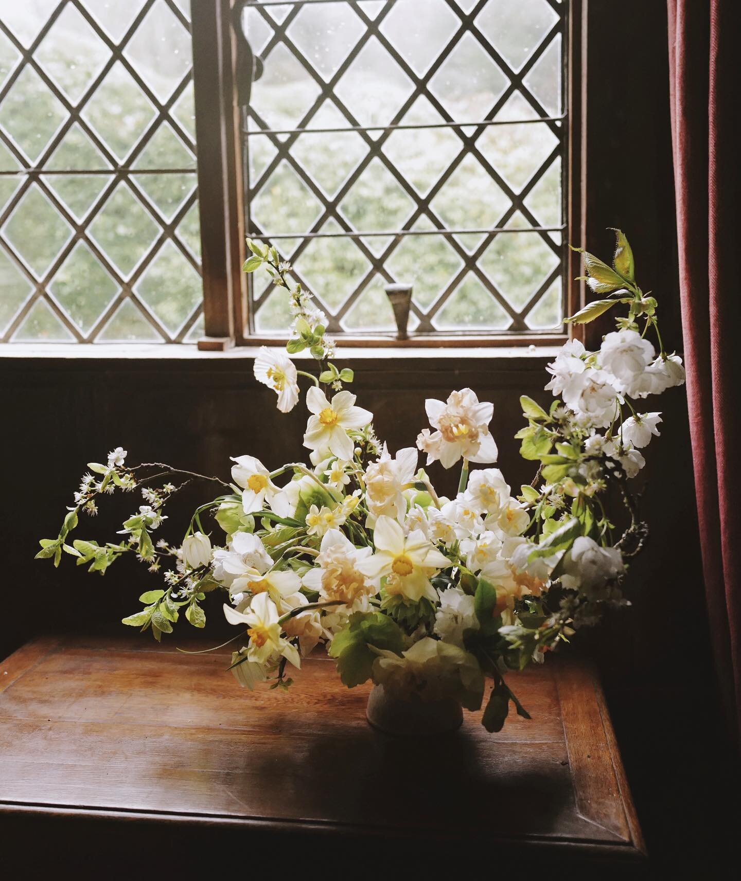 Windowsill Wednesday. The rain and the wind got under my skin today. Hair is disheveled. Bones are cold. But there&rsquo;s flowers; cherry blossoms dripping over the pavements, primroses sweetly shining in the shady corners of the garden, and daffodi