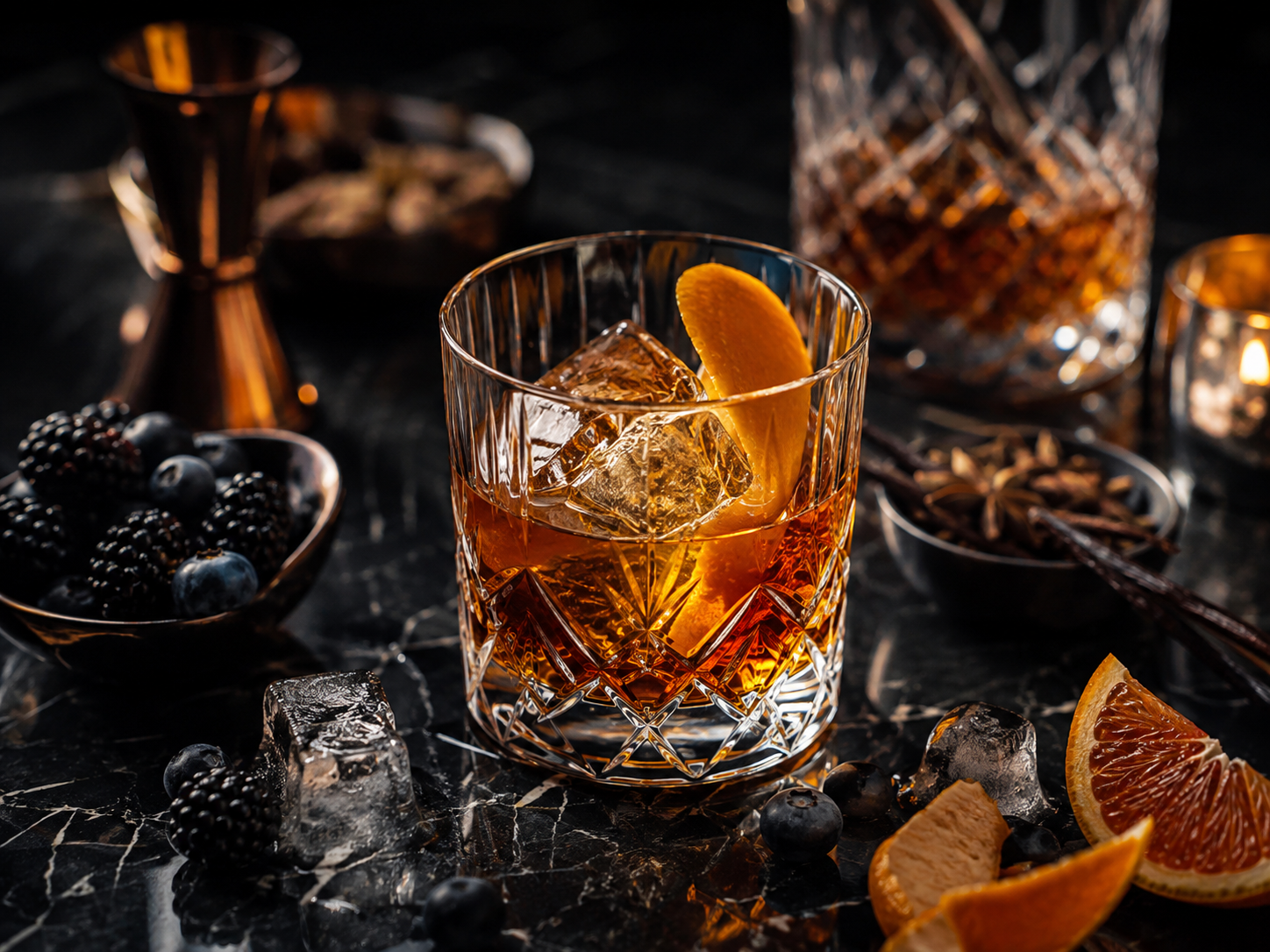 A glass of amber-colored cocktail with ice cubes and an orange wedge, surrounded by blackberries, blueberries, orange slices, ice, a decorative jar, a bowl of berries, and spices on a dark marble surface with warm candlelight.