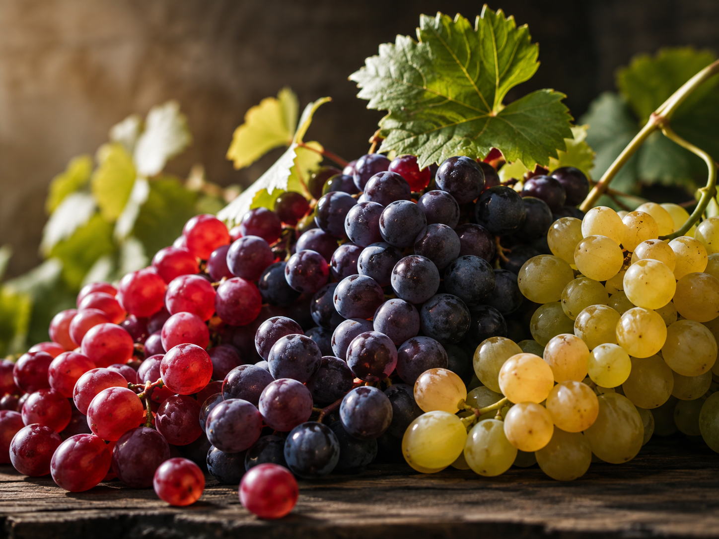 Bunches of red, black, and green grapes on a rustic wooden surface with green grape leaves.