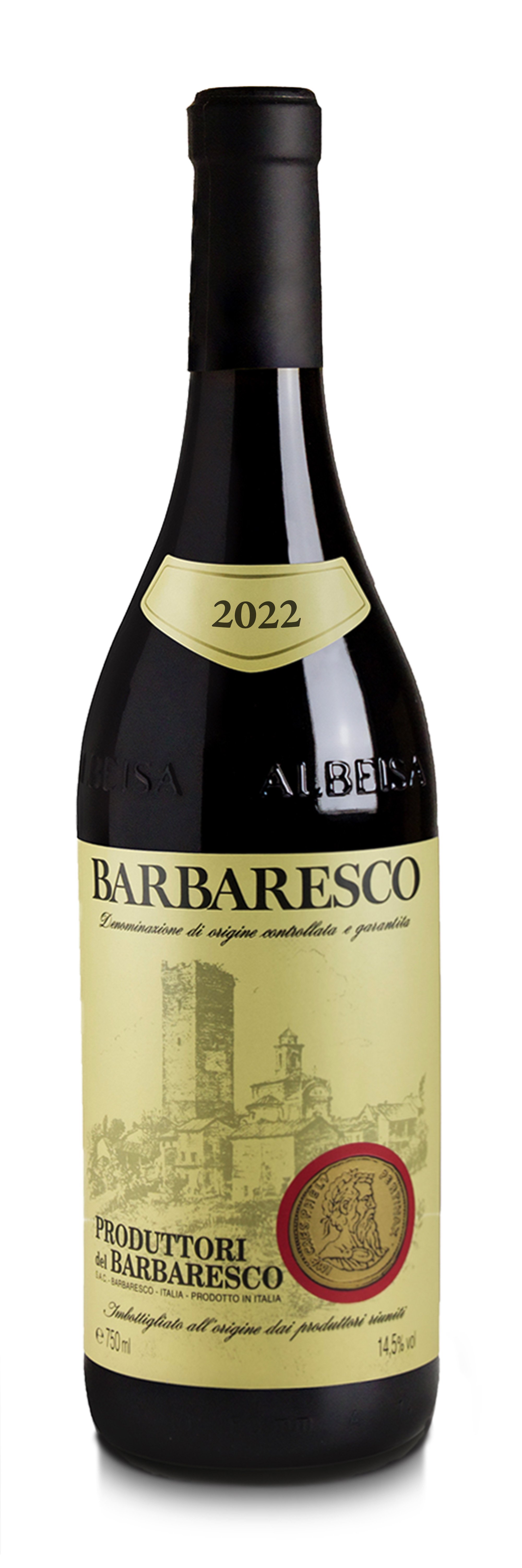 A bottle of Barbaresco wine with a black neck, cream-colored label featuring a drawing of a castle, and a gold emblem indicating the year 2022.