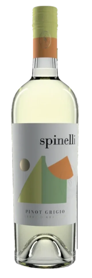 A bottle of Spinelli Pinot Grigio white wine with a green, brown, and silver label and a matching green cap.