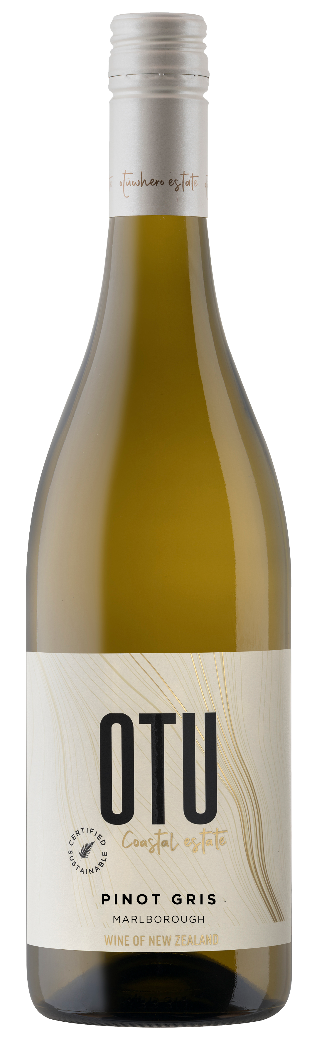 A bottle of OTU Coastal estate Pinot Gris wine from Marlborough, New Zealand, with a white label and silver screw cap.