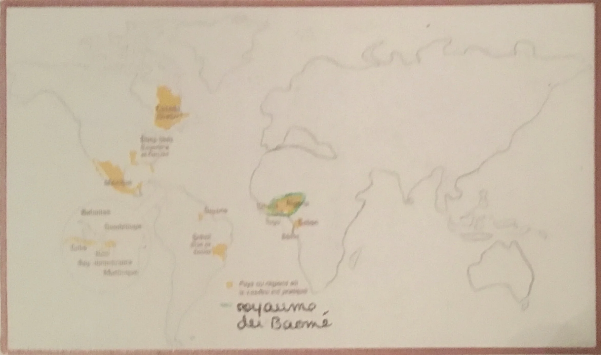 Countries where Voodoo is practiced (yellow), the Baomé Kingdom (green)