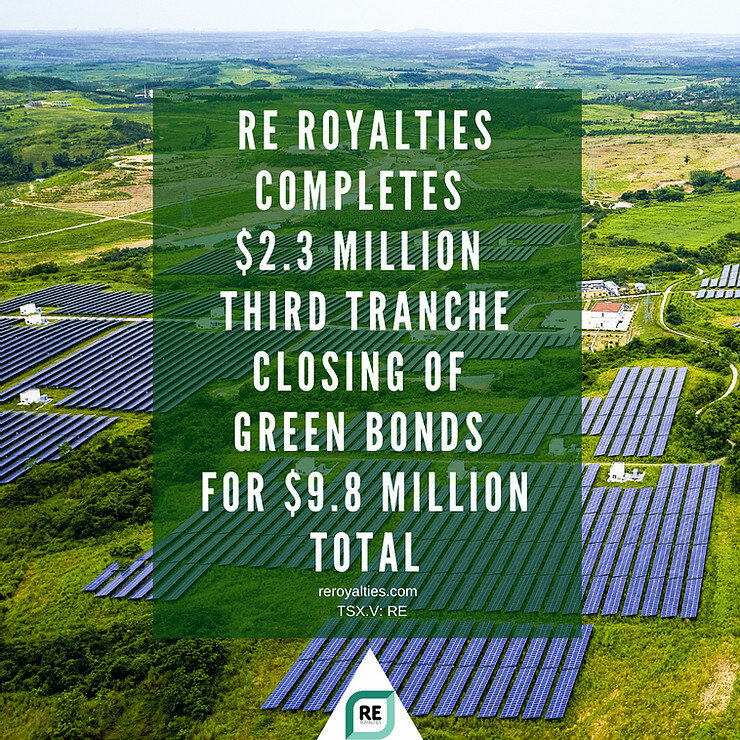 RE Royalties Completes $2.3 Million Third Tranche Closing of Green Bonds for a Total of $9.8 Million