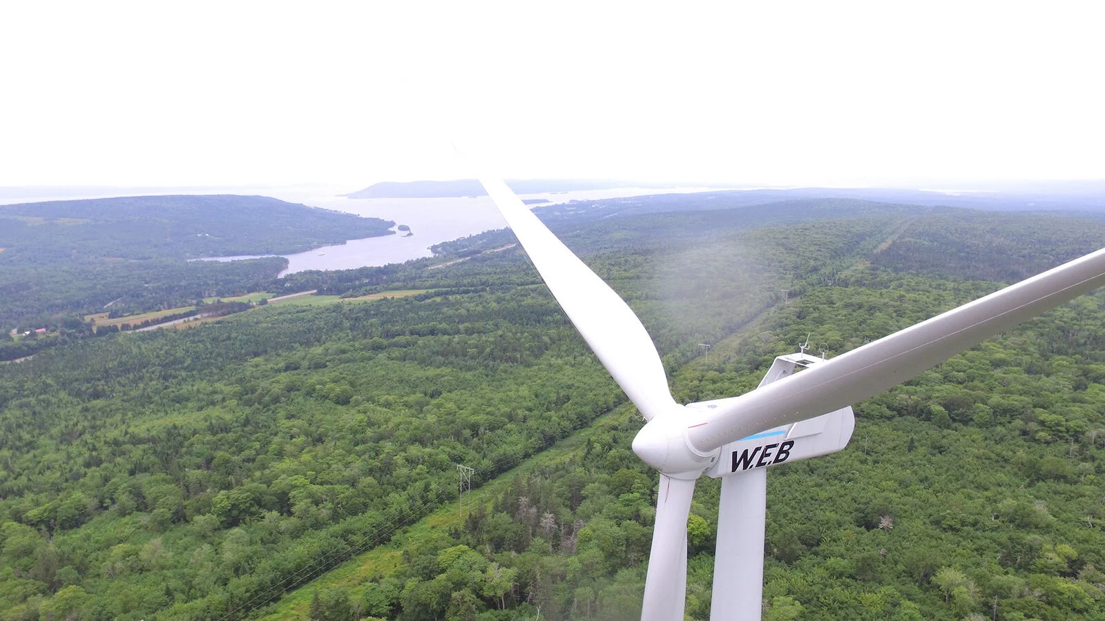 A white wind turbine with the label 'WEB' stands amidst a green forest landscape, with a lake and hills visible in the background.