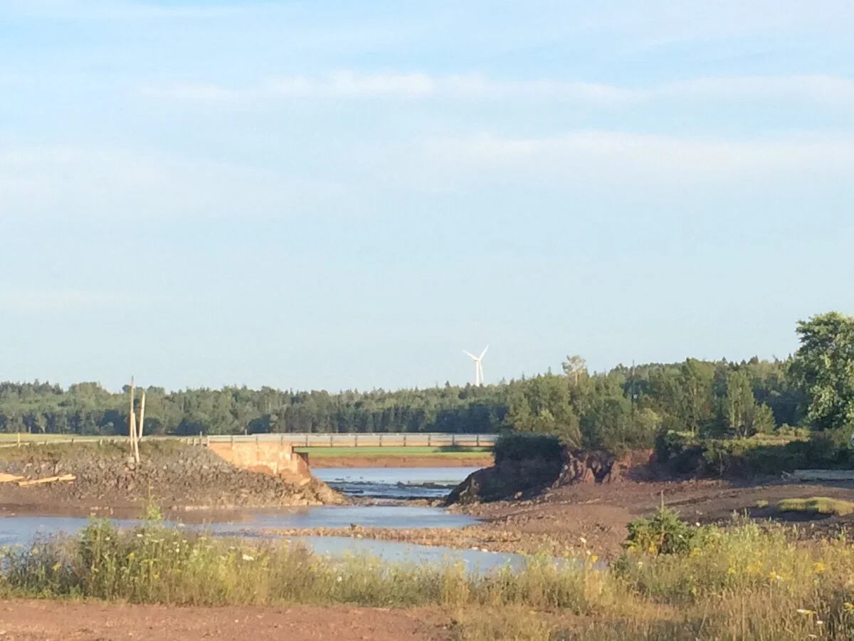 Landscape with river, bridge, trees, and wind turbine in the distance under a blue sky with clouds.