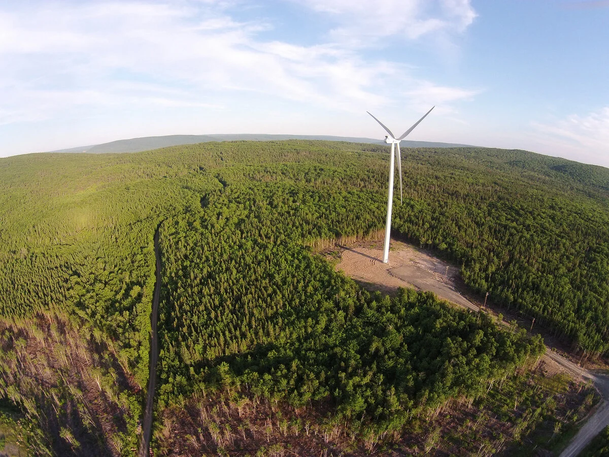 An aerial view of a wind turbine in a green forested area under a partly cloudy sky.