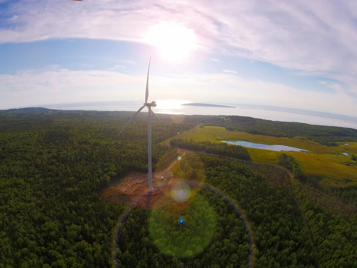 A wind turbine standing in a lush green forest with the sun shining overhead, overlooking fields, a body of water, and distant land across the water.