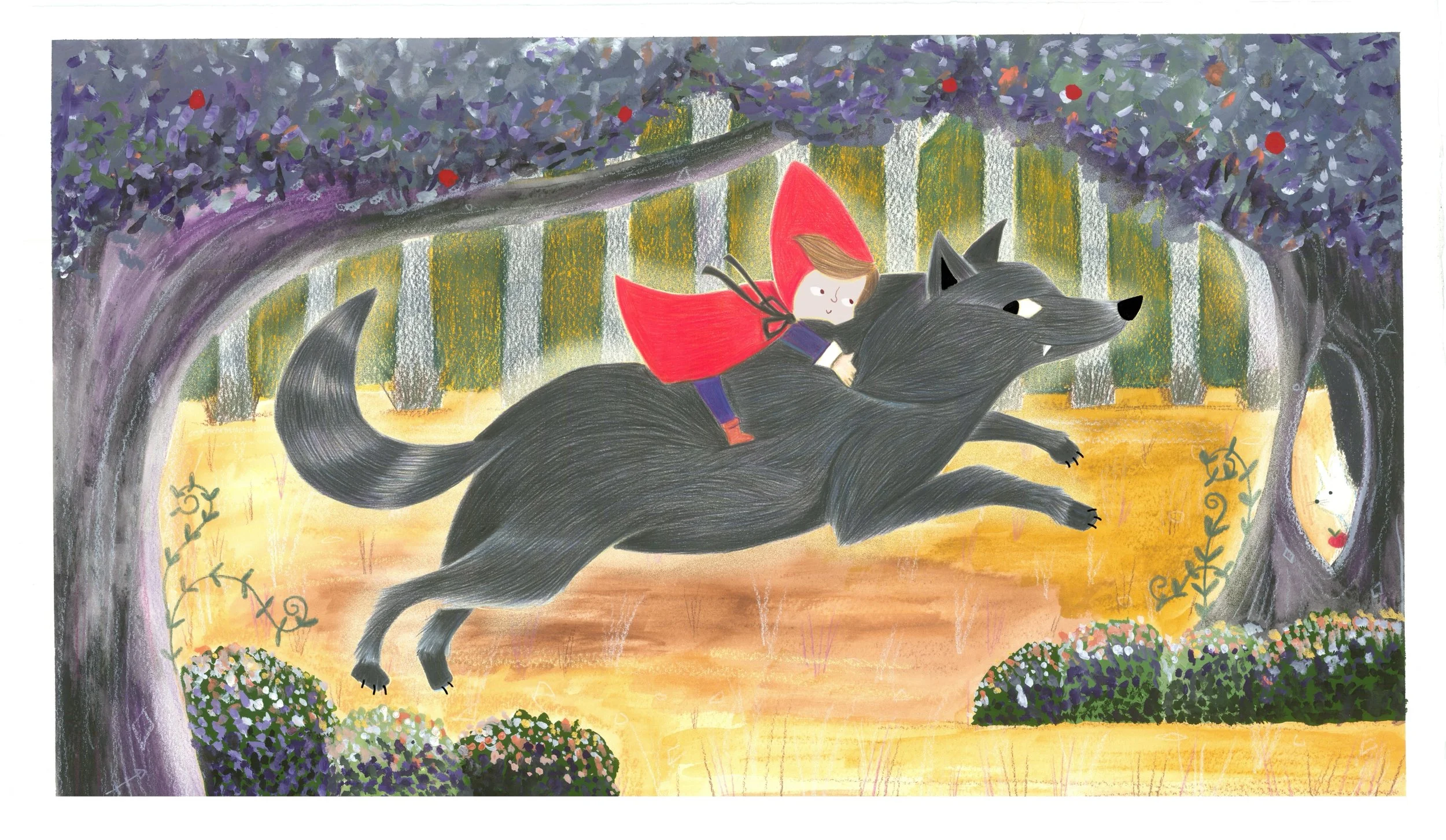A girl with red cape riding a black wolf through a forest with purple and green foliage and flowers. Little Red Riding Hood is riding a black wolf through an enchanted forest. A traditional illustration created by Nicholas Child.