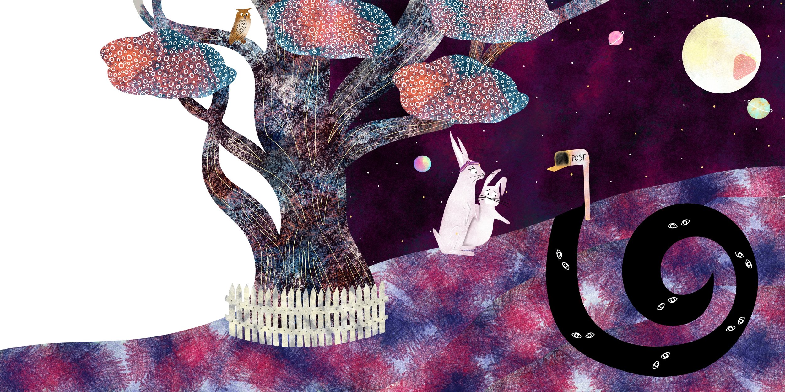 A whimsical illustration of a night scene with a large multicolored tree and an owl perched on a branch. Two white rabbits with long ears sit on the ground near a white picket fence. They are looking at a mailbox shaped like a snail with the word "PO