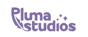 Pluma Studios logo in purple with a stylized font and star-like accents.