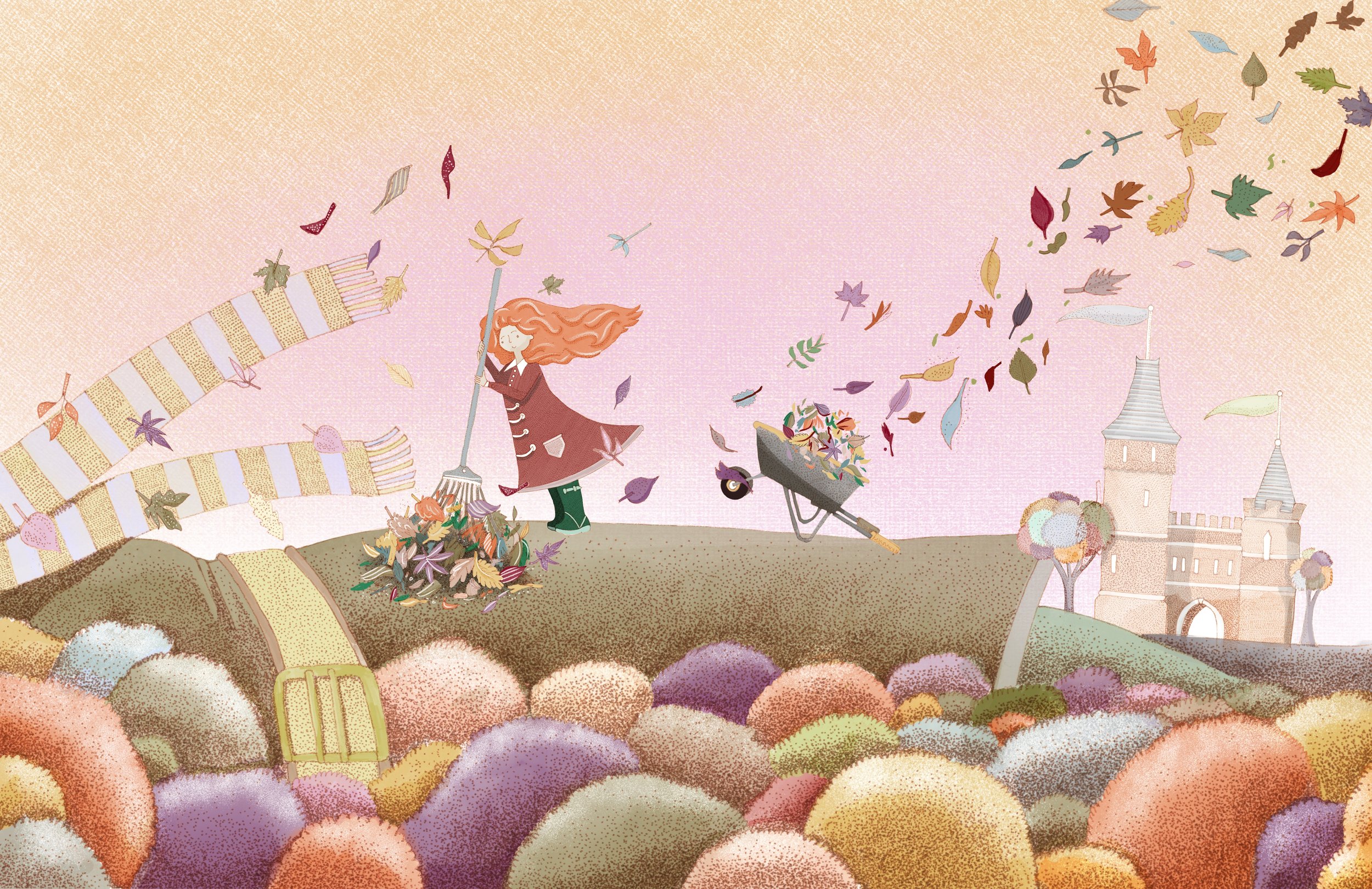 A whimsical illustration of a girl raking colorful autumn leaves in a garden with a castle in the background.