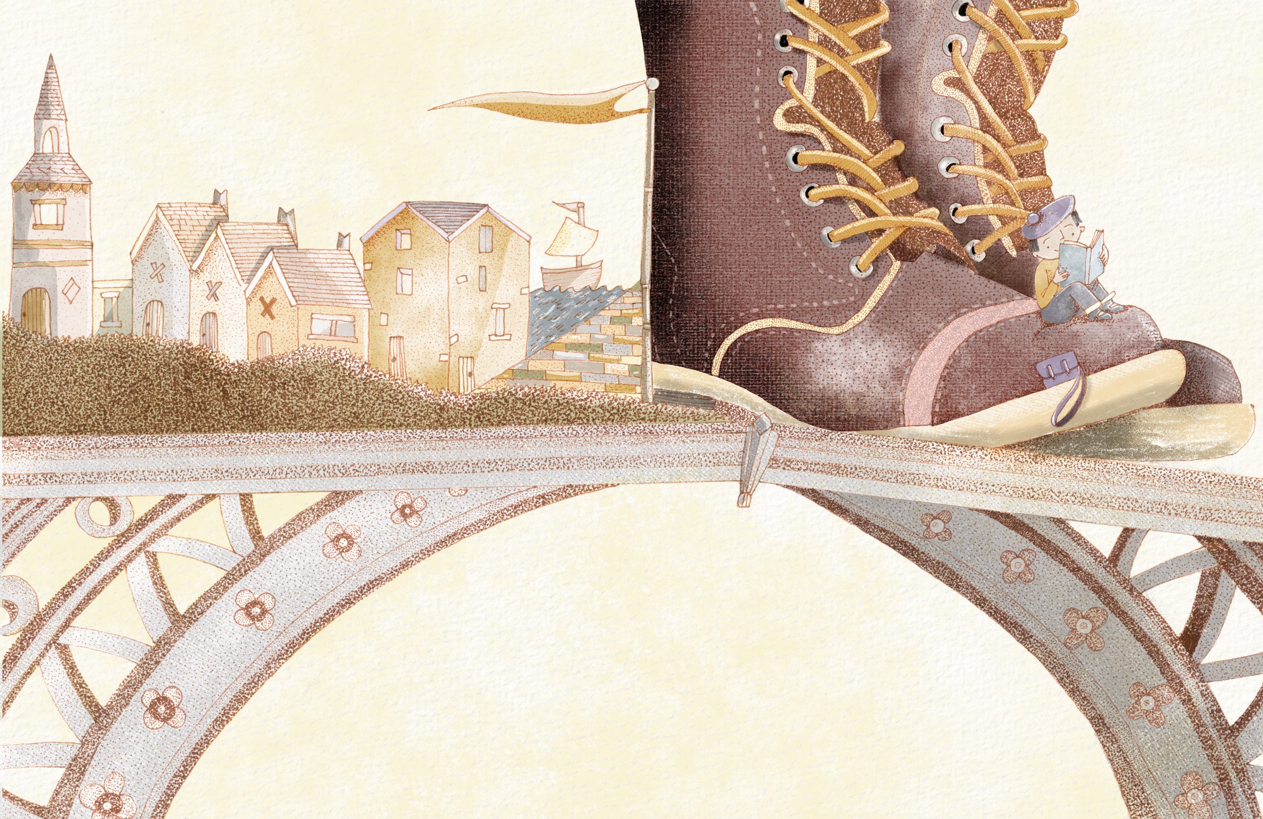 Illustration of a large, brown lace-up boot with a tiny person sitting on it and reading a book, next to a scene of houses, a hill, a bridge, and a ship in the background.