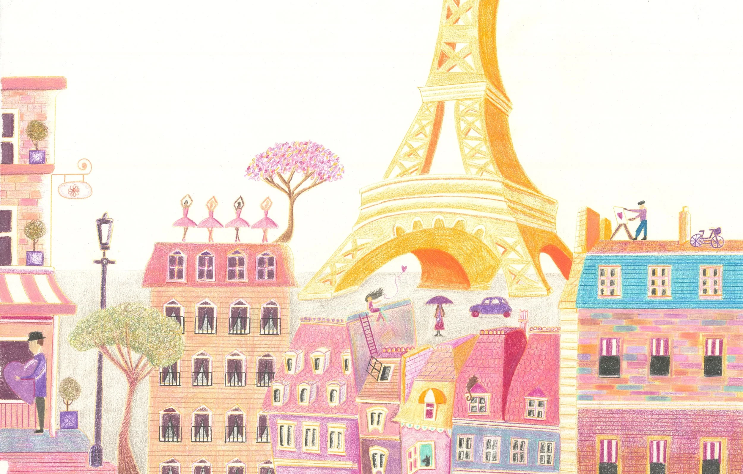 Colorful illustration of buildings, a tree, and Paris landmarks like the Eiffel Tower, with people, bicycles, and umbrellas in a whimsical style.