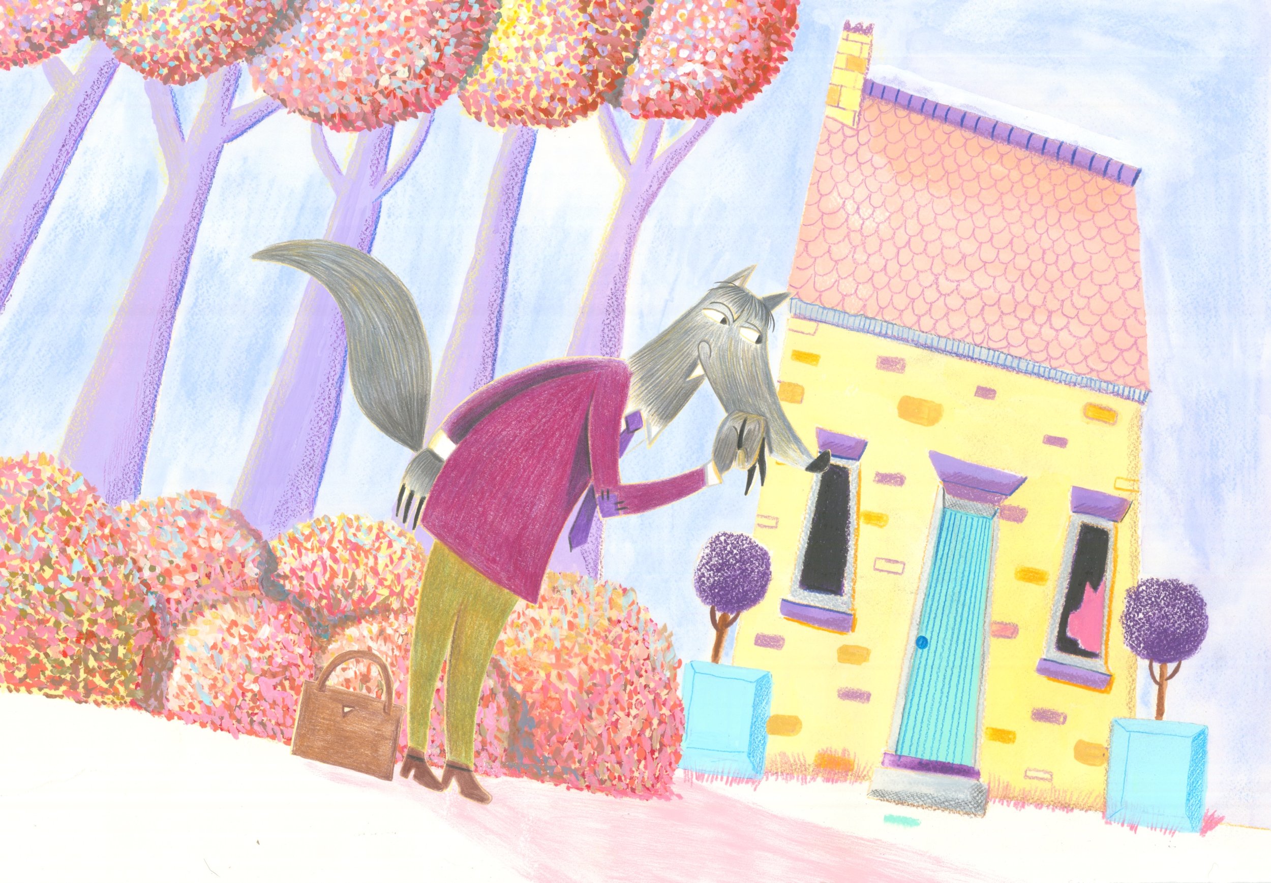 Nicholas Child is a trusted picture-maker based in the UK. He has a passion for illustrating old fairy tales. Here is a scene from The Three Little Pigs. The Wolf is drawn and coloured in coloured pencil and the background is painted in gouache.