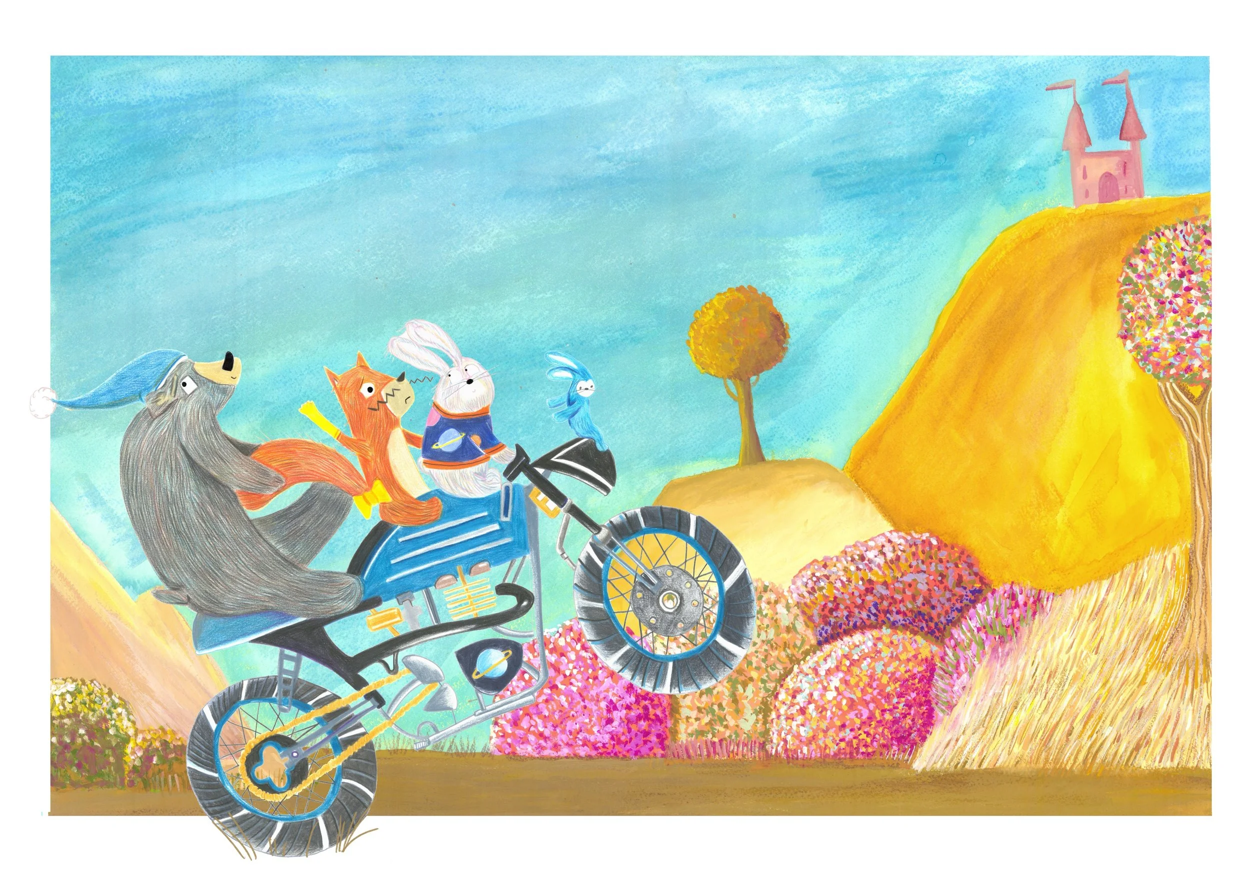 A colorful illustration of animals riding a bicycle up a yellow hill surrounded by vibrant pink and purple flowers, with a castle on top of the hill and a bright blue sky in the background.