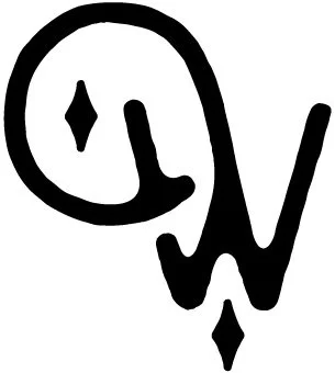 Black and white abstract drawing with a large, rounded shape and the letters 'W' and 'V' beneath it.