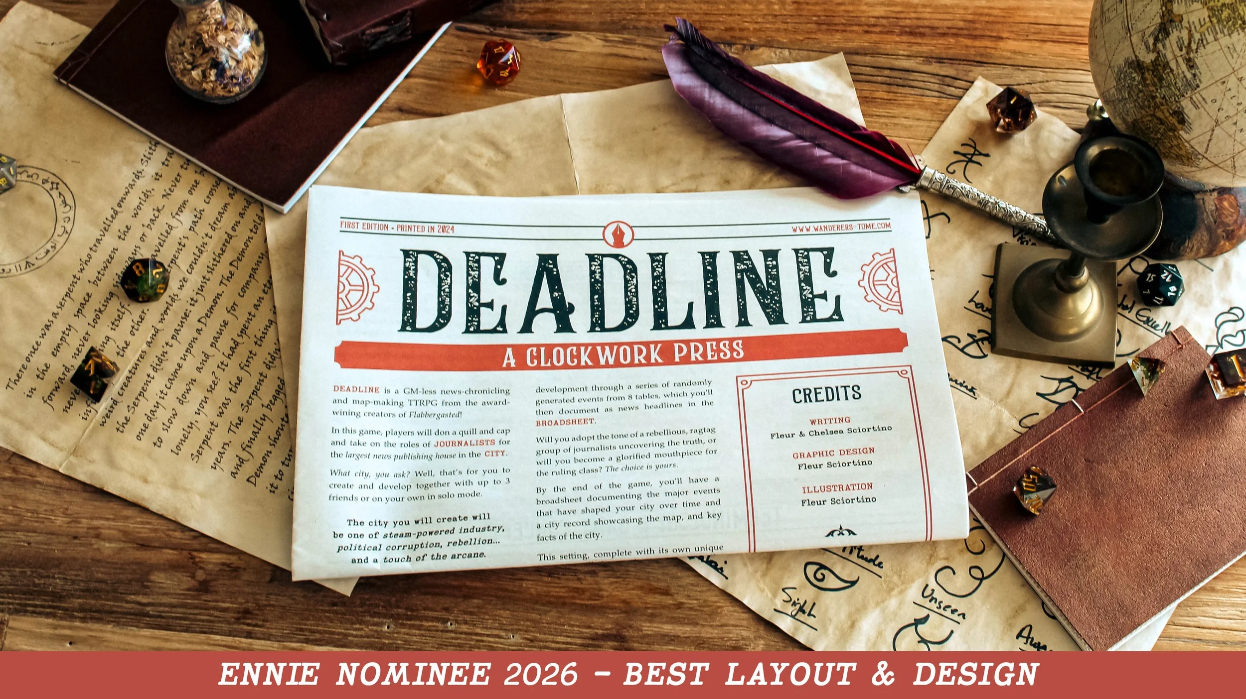 A tabletop with a game titled 'Deadline: A Clockwork Press' laid out, featuring game components like six-sided dice, a feather quill, a brass candlestick holder, an open book, and handwritten notes on aged paper. There's also a globe in the background and various game pieces scattered around.