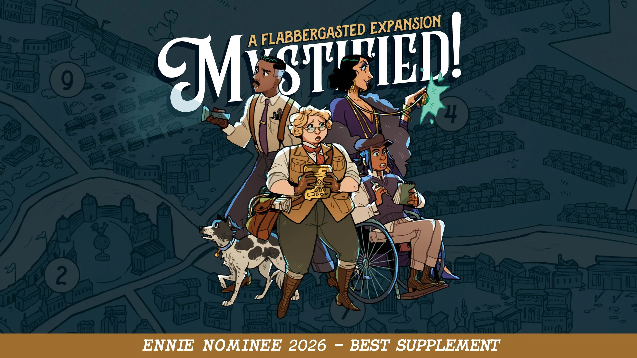 Promotional illustration for the game 'Mythic League: A Flabbergasted Expansion' showing four diverse characters and a dog against a city map background. Characters include a man with glasses holding a gun, a woman with dark hair and jewelry holding a vial, a woman with glasses and a backpack holding gold, and a woman in a wheelchair with a notepad. The title is prominently displayed in large stylistic font.