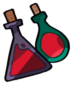 Two colorful laboratory flasks, one purple and one green, with red liquid inside and cork stoppers.