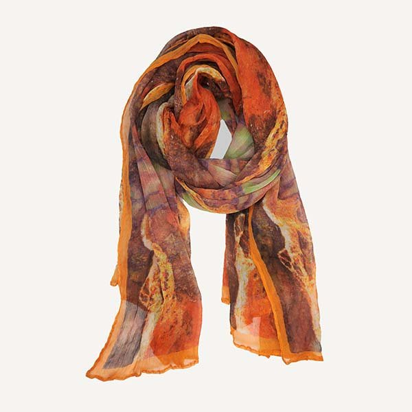 Square satin scarf with brand logo, brown/beige with orange colors. -  TopU-Up