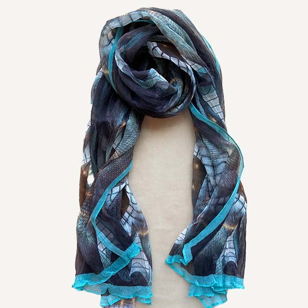 gift wrap free Silk Scarf Rocky Sea Side Blue turquoise grey oblong scarf