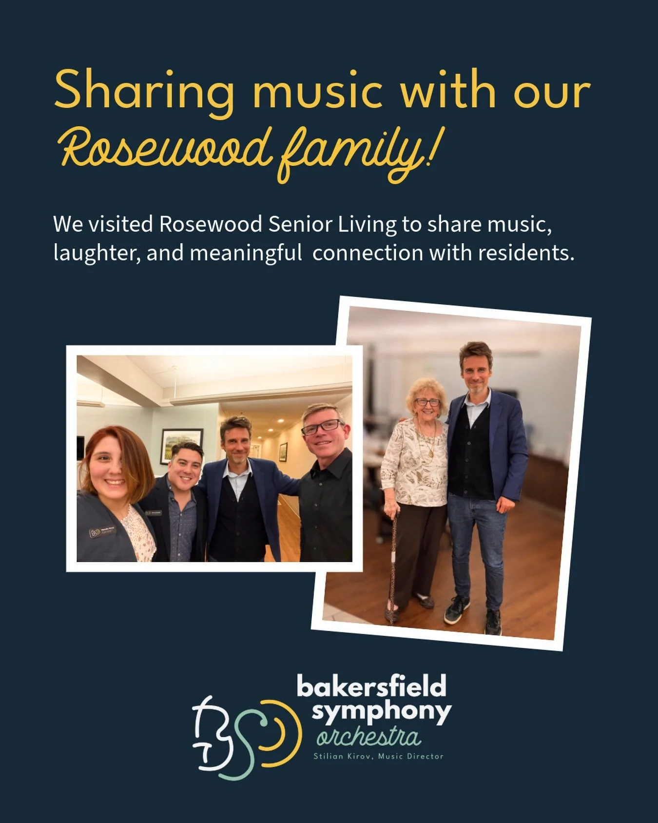 Bakersfield Symphony cellist Alex Wilson was joined by Music Director Stilian Kirov, Executive Director Nick Gonzalez, and Education Manager Natalia Perez for a special dinner-time visit to Rosewood Senior Living.

Residents gathered to enjoy live ce