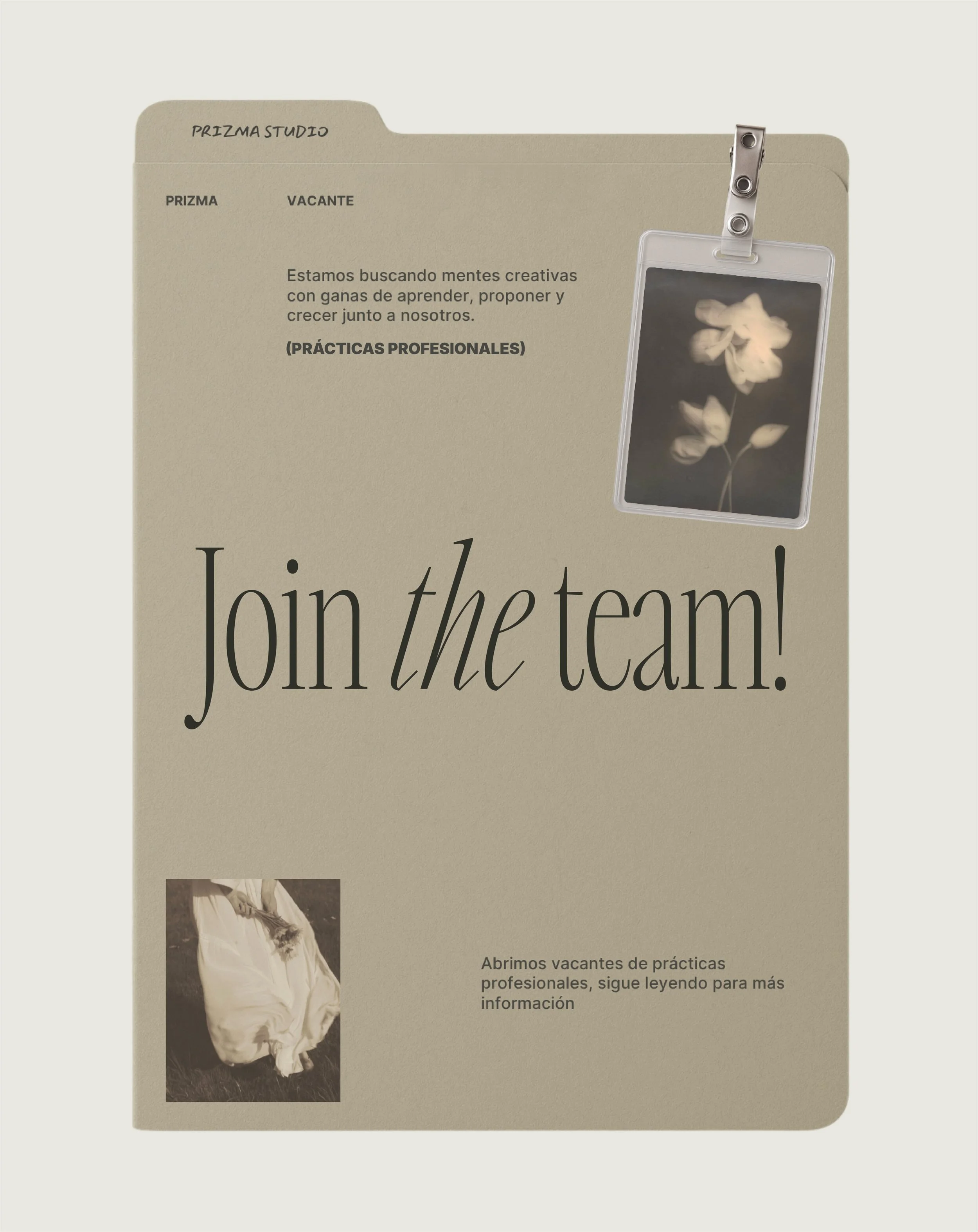 Estamos buscando nuevas mentes creativas para unirse a Prizma 🤍

Abrimos vacantes de pr&aacute;cticas profesionales en:
✺ Dise&ntilde;o
✺ Marketing

Si amas crear, aprender y crecer profesionalmente, queremos conocerte.

📩 Env&iacute;anos tu CV + p