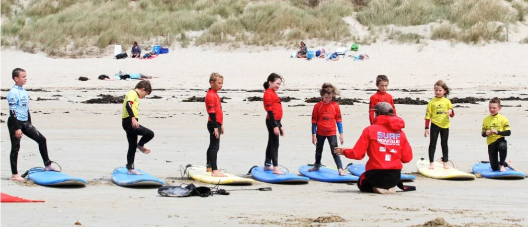 A group of children in wetsuits, lined up with their surfboards on Plouharnel beach