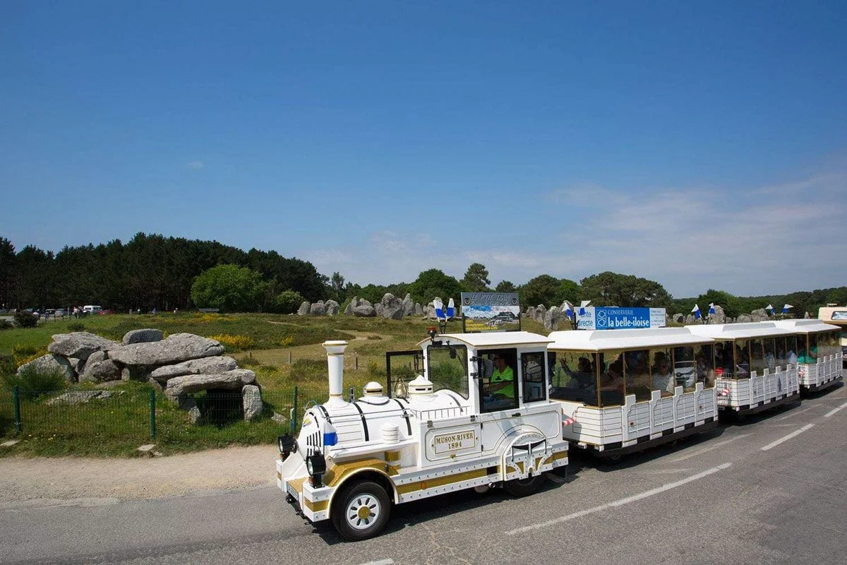 The Carnac Little Train running alongside the menhirs of the Ménec alignments