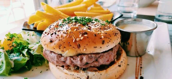 Homemade burger and chips at Le Péché Gourmand restaurant, Avenue des Druides, Carnac