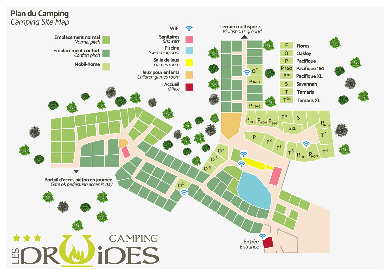 Carte avec emplacements Mobil-Homes et emplacements Tentes, Caravanes, Camping-car du camping Les Druides