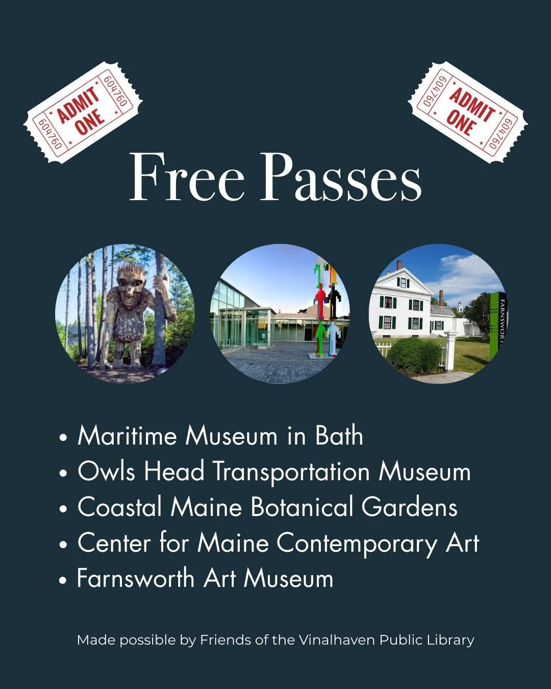 Now that the weather is chilly, you might be looking for some fun indoor activities. Did you know the library offers free passes to a bunch of museums on the mainland? Stop in and borrow one!
Maritime Museum in Bath
Owls Head Transportation Museum
Co