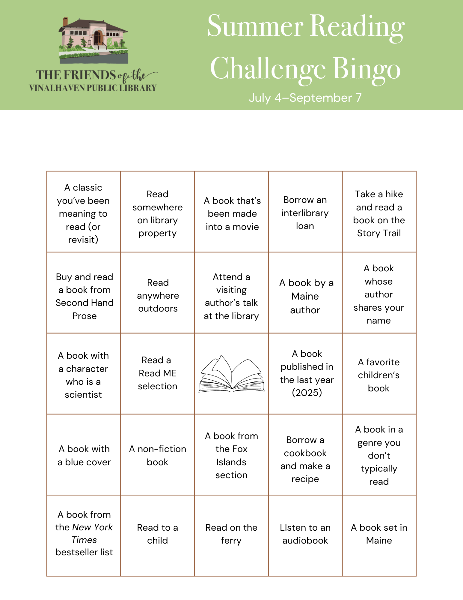 A bingo card with the title "Summer Reading Challenge Bingo" at the top with the Friends of the Vinalhaven Public Library" logo. The card says the game runs from July 5 to September 7 and lists many reading challenge options.