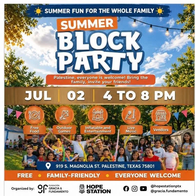 🎉 Mark your calendars, Palestine!

Hope Station and Fundaci&oacute;n Gracia &amp; Fundamento are teaming up to host a Summer Block Party filled with fun, food, music, games, and community.

Bring the kids, invite your neighbors, and come spend an af